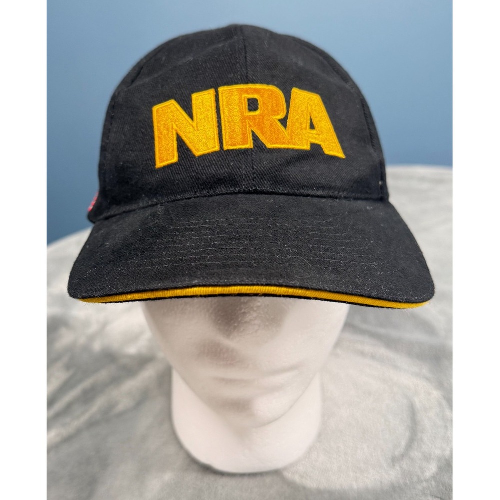 NRA Hat Mens Adjustable Black Gold Embroidered Logo USA Flag Cap